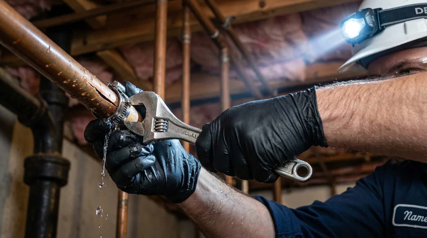 Emergency pipe clamp repair being performed by a Johns Plumbing LLC plumber in DeQuincy