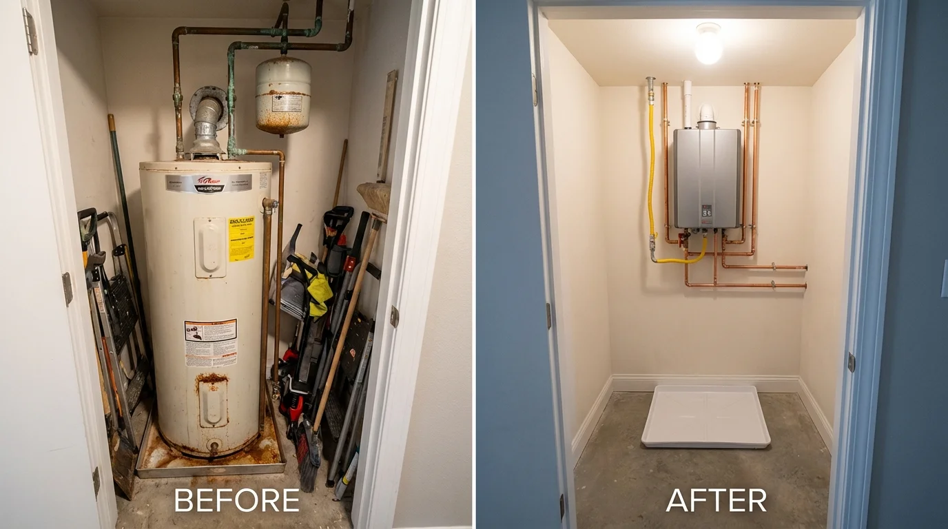 Tank water heater versus wall-mounted tankless unit comparison for DeQuincy, LA homeowners