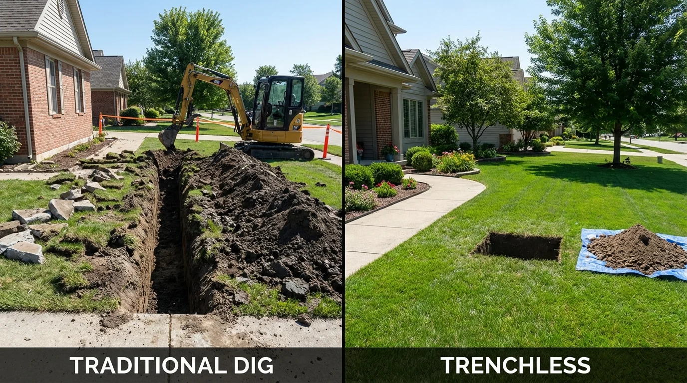 Trenchless sewer repair with minimal yard damage versus traditional excavation in DeQuincy, LA